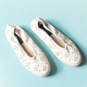 VINTAGE Stuart Weitzman White Leather Gold Star Embroidered Platform Flats Sz 8